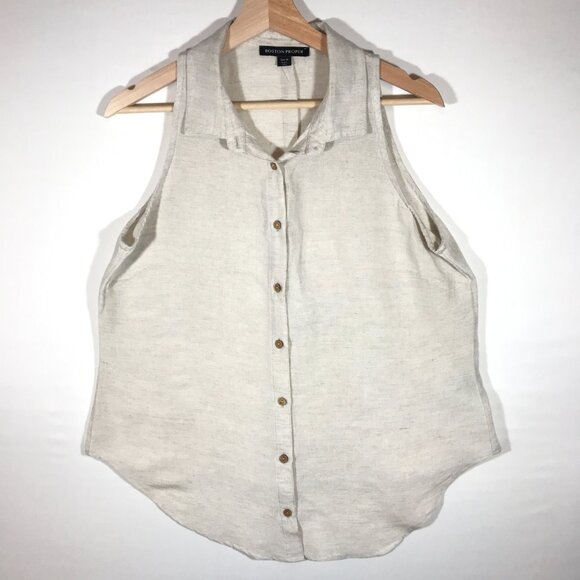 Boston Proper Women's Medium Beige Linen Blend Sleeveless Button Up Shirt - Picture 1 of 9